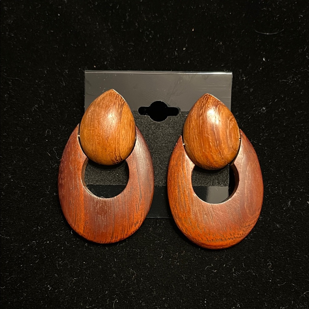 Wood Teardrop Hoop Earrings in Warm Brown